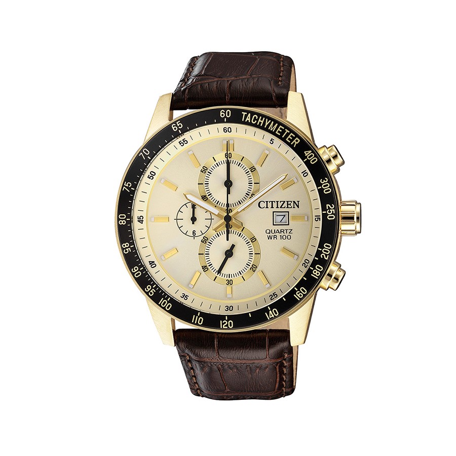 Men's Gold Tone Chronograph Leather Strap Watch AN3602-02A