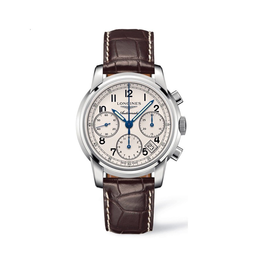 Saint-imier Automatic Chronograph White Dial Brown Leather Men's Watch