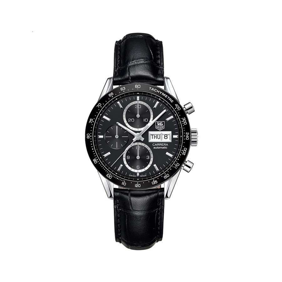 Carrera Automatic Chronograph Black Dial Black Leather Men's Watch