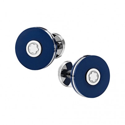 Cufflinks, round in stainless steel with blue resin 123812
